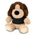 A plush toy dog with brown and tan fur, wearing a black shirt and featuring large, friendly eyes.