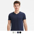 A navy blue men's v-neck t-shirt with short sleeves, featuring a branding logo.