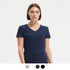 A navy V-neck women's T-shirt featuring a fitted cut and short sleeves, with visible colour options below.