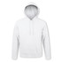 A white hooded sweatshirt featuring a front pocket and a hood. It has a logo on one side.