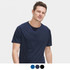 A navy blue men's t-shirt featuring a crew neckline and short sleeves. It has a logo on one side.