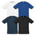 A collection of four SOLS Sporty Men's T-Shirts in white, blue, navy, and black, each featuring a logo.