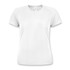 A white sporty women's T-shirt with a breathable mesh design and a logo on the neckline.