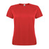A red sporty women's T-shirt with short sleeves and a crew neck, featuring a logo on the front.