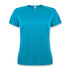 A turquoise women's T-shirt with short sleeves and a crew neckline, featuring a logo.