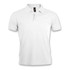 A white men's polo shirt with a classic collar and three-button placket, featuring a logo on the tag.