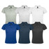 Six women's polo shirts in grey, white, green, blue, dark teal, and charcoal, each with a logo.