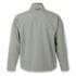A softshell jacket in a light grey colour with a collar and long sleeves, featuring a logo on the back.