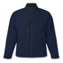 A navy softshell jacket with a high collar and multiple zippered pockets, featuring a logo.