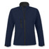 A navy softshell jacket with a high collar and multiple zip pockets, featuring a logo on the sleeve.