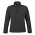 A black softshell jacket for women featuring a zippered front and pockets, with a logo on the chest.