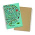 A medium-sized notebook with a vibrant turquoise cover featuring intricate floral designs and a plain kraft back.