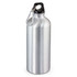 A drink bottle in a sleek silver finish with a black top and a metal carabiner attached.