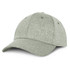 A light green cap with a curved brim and a logo on the front, featuring a textured fabric design.