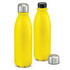 A drink bottle in bright yellow with a stainless steel cap, featuring an attached metal logo.