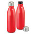 A drink bottle in vibrant red with a stainless steel cap, featuring a smooth, curved design. It has a logo.