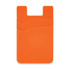 An orange dual silicone phone wallet with a curved design and a small logo.