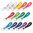 A collection of silicone key rings in various colours, each with a metal keyring attachment, featuring logos.