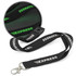 A glow-in-the-dark black lanyard featuring a clip and a logo in green.