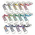A collection of colourful reflector key rings with various logos and metal carabiner clips.
