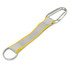 A reflector key ring featuring a silver carabiner, yellow and grey strap, and a metal ring.