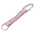 A reflector key ring with a silver carabiner and a grey strap, bordered in bright pink.