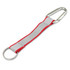 A reflector key ring with a red and grey strap and a metal carabiner clip. It includes a round ring for keys.