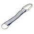A reflector key ring with a silver carabiner and a blue strap, featuring a metal ring attachment.