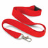 A red RPET lanyard with a metal clasp and adjustable buckle, featuring a simple design.