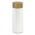 A drink bottle in white ceramic with a bamboo lid, featuring a sleek, modern design and a logo.