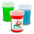 Three containers of stress slime in vibrant colours: green, red, and blue, each with a lid and one featuring a logo.