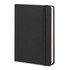 A black hard cover notebook with an elastic closure, featuring blank pages and a textured finish.