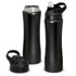 A drink bottle in matte black, featuring a twist-off lid and a sports cap with a straw. Includes an additional lid.