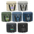 A cooler bag assortment in cream, grey, green, blue, and black, each with different designs and a logo.