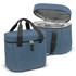A blue cooler bag with a zippered pocket, featuring a grey insulated interior and two carrying handles.