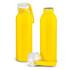 A drink bottle in bright yellow, featuring a clear screw-on lid and a removable cap. It has a logo on the side.