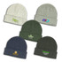 Five beanies in various colours: light grey, dark green, navy blue, and olive green, each with distinct logos.