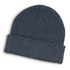 A dark heather blue beanie with a folded cuff, featuring a logo on the side.