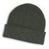 A green beanie with a folded cuff, featuring a textured knit design. It has a casual, stylish appearance.