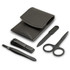 A black Estima Manicure Set with scissors, clippers, a nail file, tweezers, and a case.