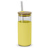 A glass tumbler in bright yellow, featuring a wooden lid and a stainless steel straw.