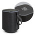 A cylindrical black Bluetooth speaker with a textured surface and a carrying strap. It features a logo on the top.
