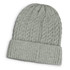 A light grey knitted beanie with a textured cable pattern and a folded cuff. Features a logo on the side.