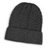 A dark grey cable-knit beanie with a folded brim and an intricate knit pattern. It features a logo.