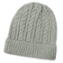 A light grey knit beanie with a textured cable design and a folded brim. It has a logo on it.