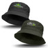 An oilskin bucket hat in black and green, featuring logos on both sides.