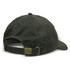 An oilskin cap in dark green with a brass adjustable buckle at the back and a curved brim.