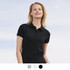 A black women's polo shirt with a collared neckline and short sleeves. The image features a model outdoors.