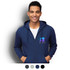 A navy unisex hooded sweatshirt featuring a front zipper and a logo, with options for additional colours below.