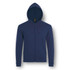 A navy blue unisex hooded sweatshirt with a front zipper and a logo. Ideal for casual wear.
